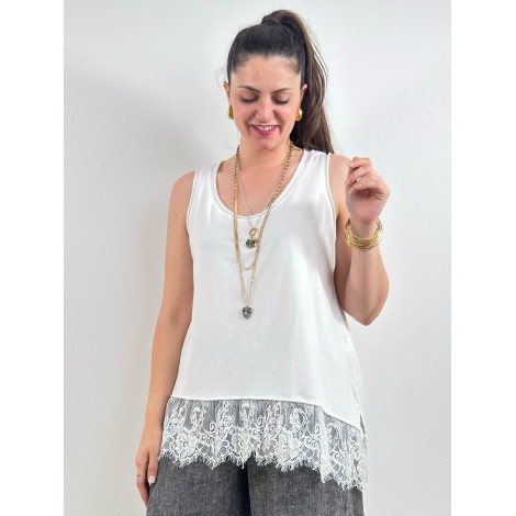 Top Maelis Cotone Scollo Arrotondato Pizzo Fondo Bianco