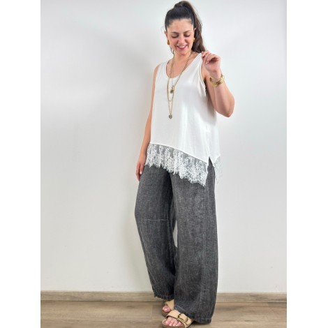 Top Maelis Cotone Scollo Arrotondato Pizzo Fondo Bianco