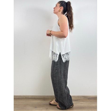 Top Maelis Cotone Scollo Arrotondato Pizzo Fondo Bianco
