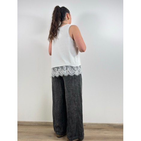 Top Maelis Cotone Scollo Arrotondato Pizzo Fondo Bianco
