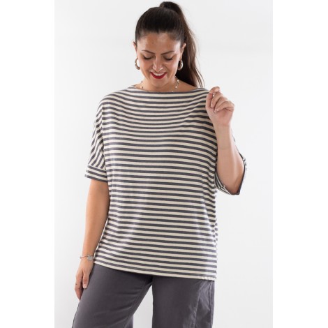 Maglia Greta Viscosa Pipistrello Righe Lurex Burro Piombo