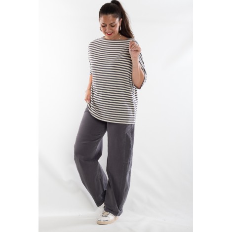 Maglia Greta Viscosa Pipistrello Righe Lurex Burro Piombo