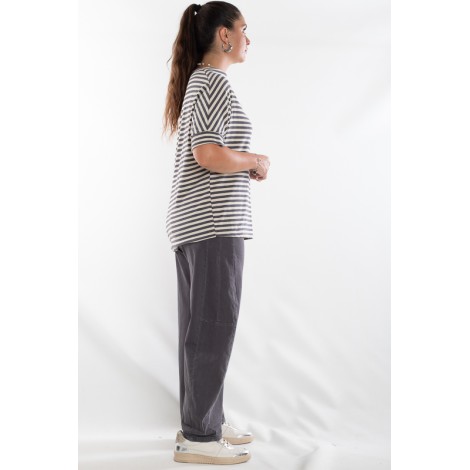 Maglia Greta Viscosa Pipistrello Righe Lurex Burro Piombo