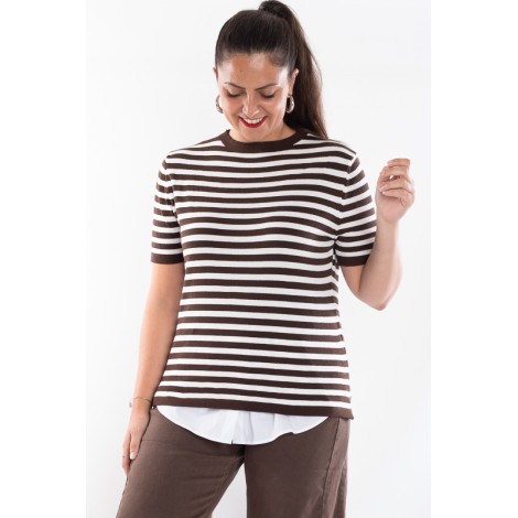 Twin Set Camilla Viscosa Maglia Righe Più Cardigan Moro Panna 