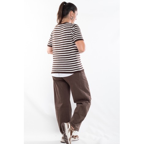 Twin Set Camilla Viscosa Maglia Righe Più Cardigan Moro Panna 