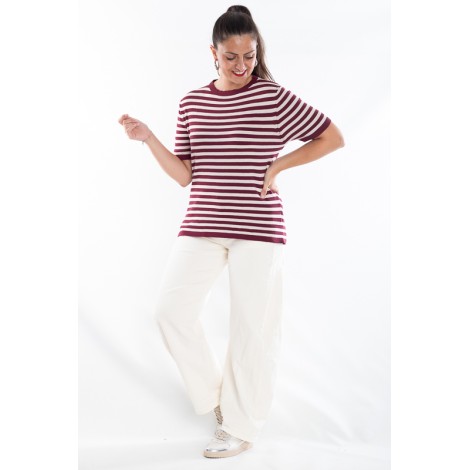 Twin Set Camilla Viscosa Maglia Righe Più Cardigan Bordeaux Panna