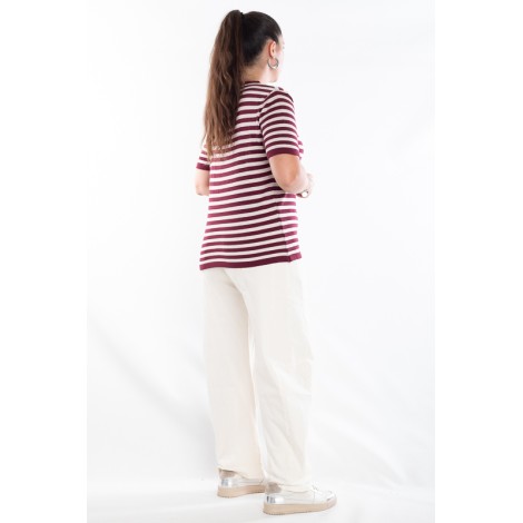 Twin Set Camilla Viscosa Maglia Righe Più Cardigan Bordeaux Panna